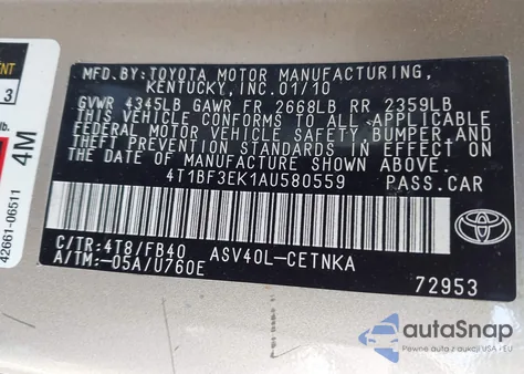 2010 Toyota Camry z USA, uszkodzony, nr VIN 4T1BF3EK1AU580559